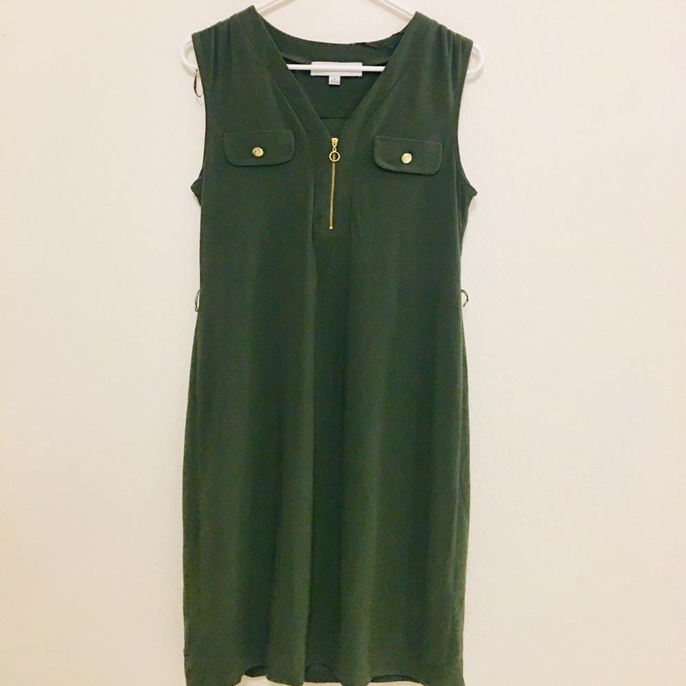 Long, olive green, silk, pockets, zippers